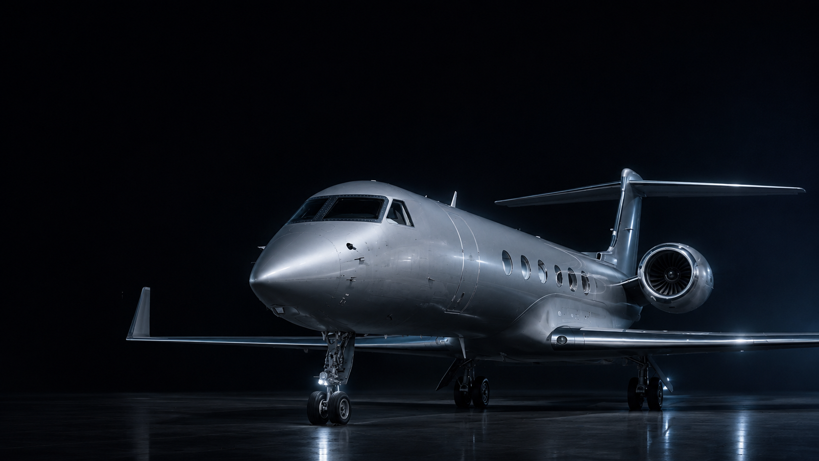 Sonic Flights’ silver Gulfstream G-V in a cinematic hangar setting